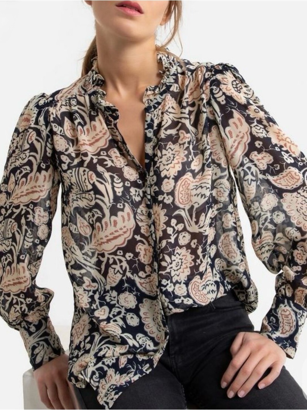 Ba&sh Abi Top in Noir; Size 1 Small; navy blue beige floral print